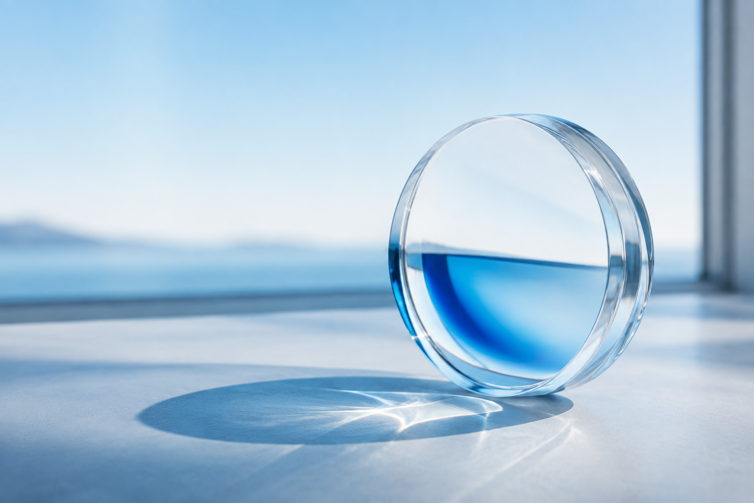 Daylight passing through a clear glass lens, bringing the light into focus.